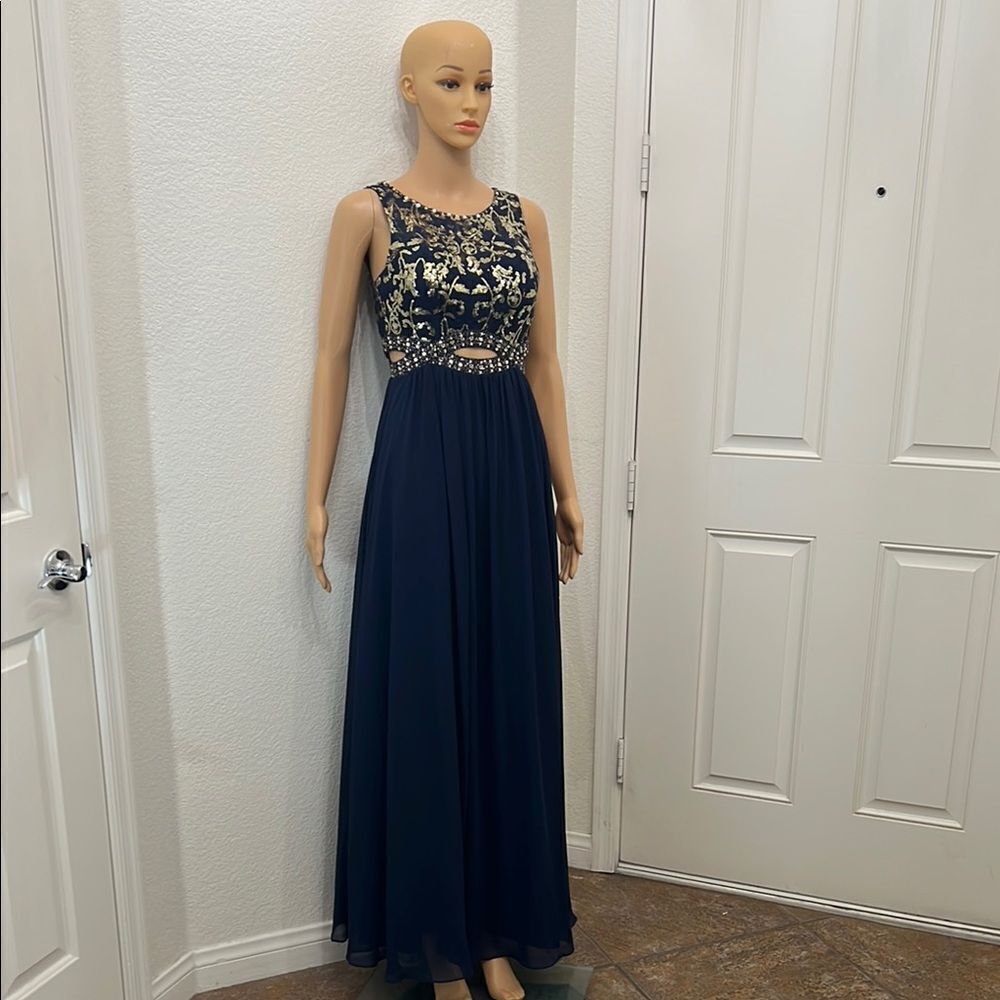 Bee Darlin Gown Size 1-2 Gold Blue Beaded Sequined Sleeveless Scoop Neck Maxi